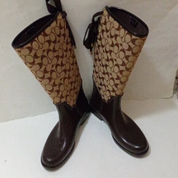 Coach Tristee Monogram Tall Faux Fur Lined Lace Up Back Brown Rain Boot Size 11B - Picture 1 of 16